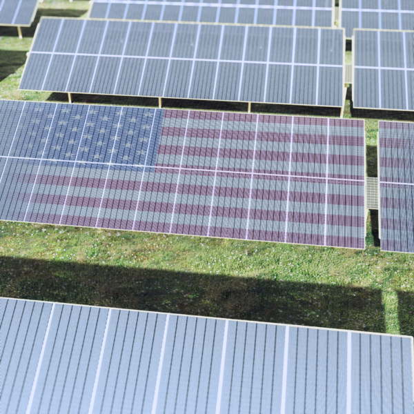 Solar panels on Soltec solar tracker with the reflection of the American flag for the US market.